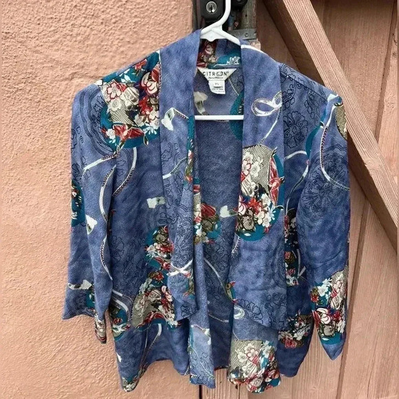 Citron Santa Monica Blue Open Front Silk Jacket LIKE NEW - Picture 3 of 4
